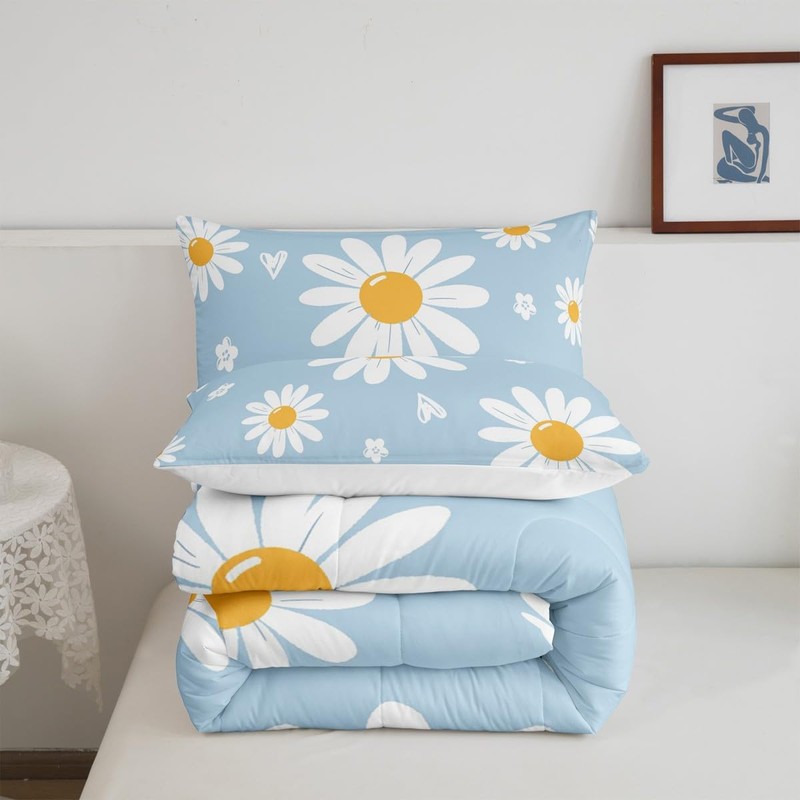 Homewish Daisy Comforter Set Twin Size White Flower Leaves Bedding