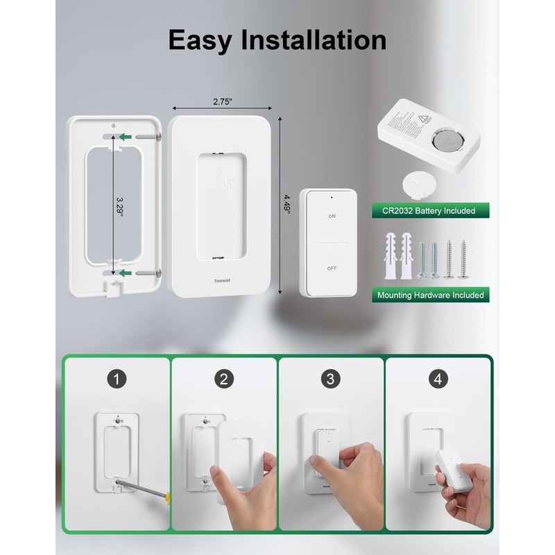 TREEWELL 3 Way Wireless Light Switch and Receiver Kit, 200FT