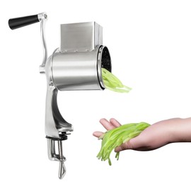 WUSILILU Rotary Grater 5 Blades, Countertop 430 Stainless SteeL Rotary Cheese Grater Shredder, Multifunction 5 in 1 Kitchen Manual Food Slicer Vegetable Shooter Potato Grinder (Fixed Clip Base)