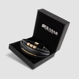 SERASAR Men's Gold Bracelet 17cm Men's Bracelet Leather Gift Present Box Braided Cowhide Leather Adjustable Magnetic Clasp Multi-Layer Wrap Jewelry-Box Rope Male Mans Men Jewelry Magnet