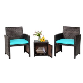 Tangkula 3 Pieces Outdoor Wicker Conversation Set with Waterproof Cover, 2 Patio Rattan Cushioned Chairs with Side Storage Table, Suitable for Front Porch, Balcony, Garden, Poolside (Turquoise)