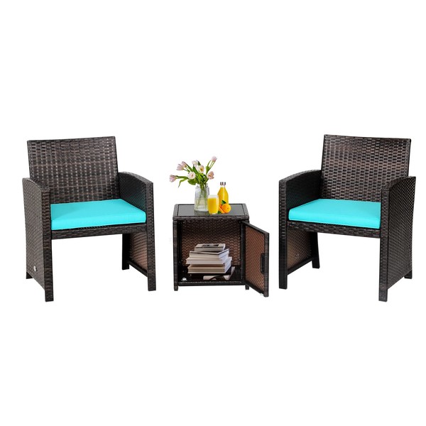 Tangkula 3 Pieces Outdoor Wicker Conversation Set with Waterproof Cover,