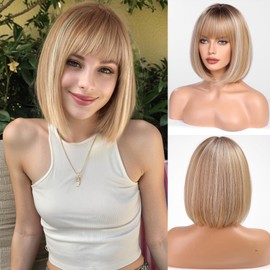 HAIRCUBE Straight Short Charming Bob with Bangs Wigs for Women Natural Heat Resistant Synthetic Fibre Party/Cosplay/Costume/Daily Wig (Ombre Blonde)