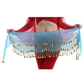 Chiffon 3 Row Belly Dance Hip Scarf Coin Belt with 128 coins, Lake Blue, One size