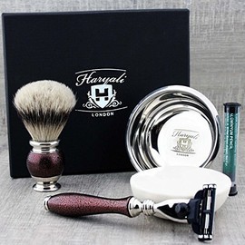 Haryali Maroon Antique Men's Shaving Set with Triple Edge Razor, Silver Badger Brush, Shaving Bowl, Alum Pencil and Shaving Soap