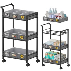 REKITA Baby Diaper Cart, 3-Tier Rolling Diaper Caddy for Newborn Essentials Must Haves, Detachable Bedside Cart, Large Capacity Diaper Caddy Organizer