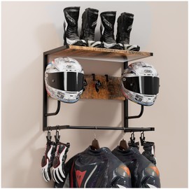 OMISRUIS Motorcycle Helmet Holder Wall Mounted, Helmet Holder Wall Mount with Helmet Rack, 4 Glove Chips and 4 hooks, Rustic Helmet Holder and Motorcycle Helmet Rack for Most of Helmet and Clothes