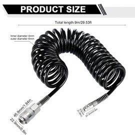 SRJQXH 9 m Compressed Air Spiral Hose, Spiral Compressor Hose, Diameter 6 x 4 mm Air Pressure Hose, Black Compressed Air Hose, with Connector, for Household, Workshop, Car Workshop