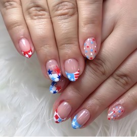 24Pcs 4th of July Press on Nails Short Almond French Tip Fake Nails American Flag Star False Nails Independence Day Red Blue Polka Dots Full Cover Acrylic Nails Patriotic Glue on Nails for Women