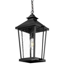 zeyu 20 Inch Outdoor Pendant Lights for Porch, Modern Outdoor Hanging Porch Light, Die-Cast Aluminum with Seeded Glass, Black Finish, ZW105H-M BK