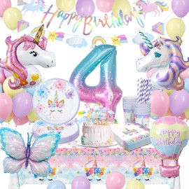 yosiio Unicorn Party Decorations, 4th Unicorn Birthday Decoration Set, Children's Unicorn Party Tableware With Unicorn Balloons for Girls 4 Years Birthday Unicorn Theme Supplies 16 Guests