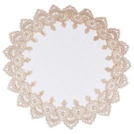 Round Placemat Doily or Table Topper in Gold European Lace and Antique Jacquard Fabric, Size 23 Inches Round