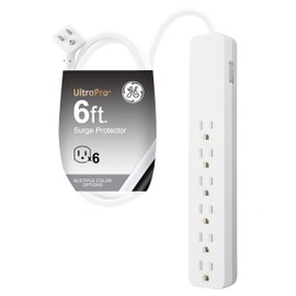GE GE 6-Outlet Surge Protector, 6 Ft Extension Cord, 540 Joules, Power Strip, Flat Plug, Integrated Circuit Breaker, Wall Mount, ETL Listed, White, 83048