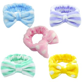 Healeved 5Pcs Coral Fleece Womens Headbands with Bow Design Soft Elastic Makeup Hairbands for Spa Face Washing Yoga Running and Cosmetic Use Comfortable Stretchy Hair Accessories