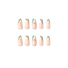 SINHOT Medium Press on Nails Coffin Fake Nails Glossy Glue on Nails Color Swirl Acrylic Nails White Flower False Nails with Designs 24 pcs