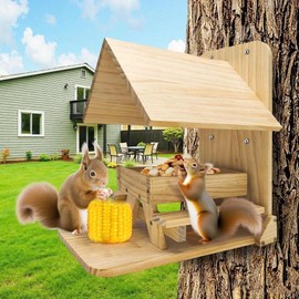 Sharmila Squirrel Feeders for Outside - Wooden Picnic Table Feeder for Squirrels and Chipmunks with Weatherproof Roof, Spacious Platform & Corn Cob Holder