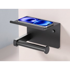 Wall-Mounted Toilet Paper Holder with Shelf – Black Stainless Steel Roll Organizer for Modern Bathrooms