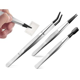 AOYEGIC Set of 3 Tweezers Set, Stainless Steel Flat Curved Pointed Tweezers, Craft Tweezers, Splitter Tweezers with Rubber Tips, for Crafts, Jewellery, Electronics, Laboratories and Industry