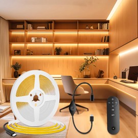 [RYE] COB Tape Light LED Strip Light Flexible 0.2 inch (5 mm) Wide High Density Hidden LED Tape Light 1.5m 320LEDs/M Daylight 4000K 5V TYPEC Connector Remote Control, 180° Luminescent CRI>=90 Double