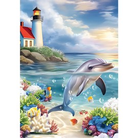 NAIMOER Diamond Painting Kits Dolphin for Adults, DIY Full Drill Sea Diamond Art Kits Pictures, Adults Diamond Art Lighthouse Craft Perfect for RelaxationHome Decor 30x40cm