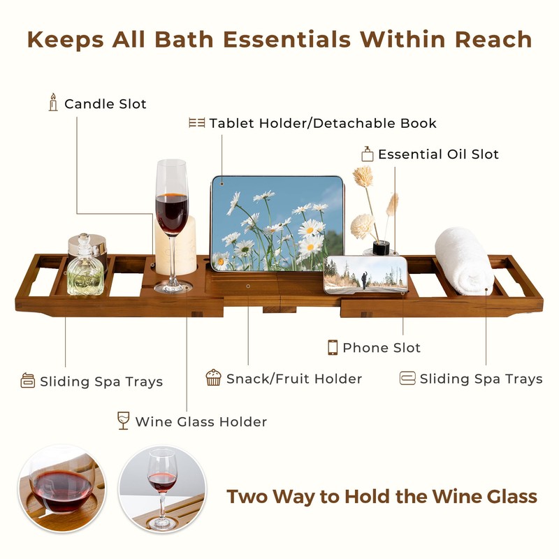 Teak Bathtub Tray, Luxury Bath Table Tray with Wine Glass