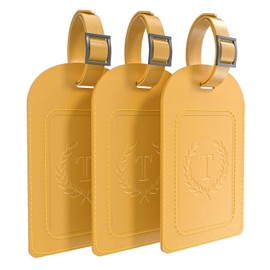 FESAS 3 Pack A-Z Alphabet Luggage Tags - Faux Leather Suitcase Tags with Privacy Cover & Replaceable Card - Initial Letter Monogram for Bags (Yellow)