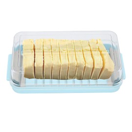 2 in 1 Butter Slicer & Container with Transparent Lid - Stainless Steel Cutter, Kitchen Storage Box for Butter, Cheese, Margarine (Blue, 7.5x4.1x1.6in)
