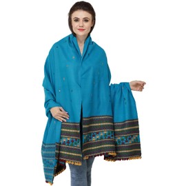 Exotic India Shawl from Kutch with Embroidered Border and Mirrors (Blue Denube)