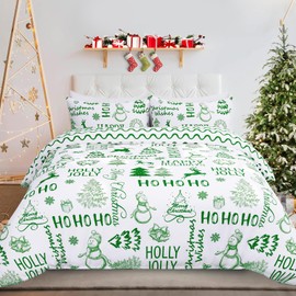 FRAMICS Christmas Duvet Cover Queen Size 3 Pieces Snowman Christmas Tree Queen Duvet Cover Set with 2 Pillow Shams Green Christmas Comforter Cover with Zipper Closure Christmas Bedding Set,90" x 90"