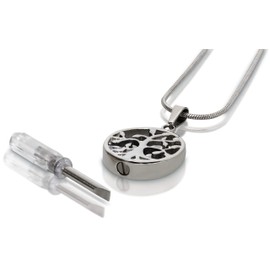 Royal Matter Tree of Life Stainless Steel Cremation Urn Pendant. Threaded at Base, with a 22″ Chain and Double-Stitched Gray Microfiber Jewelry Pouch. 1″ L x 7/8″ W x 1/4″ D