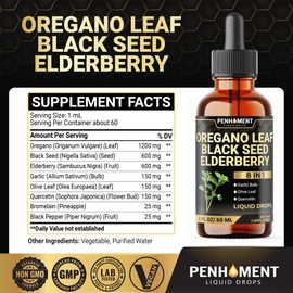 Penhoment 8in1 2900mg Oil of Oregano Drops with Black Seed Oil Liquid | Contains Carvacrol | Garlic, Elderberry, Olive Leaf, Quercetin, Bromelain - 2 Fl Oz