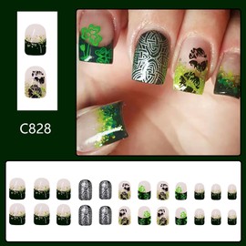 French Tip St Patricks Day Press on Nails Shamrock Fake Nails Short Square Glue on Nails Full Cover Acrylic Artificial Nails Clover False Nails with Designs St. Patrick’s Day Nail Decorations, 24Pcs