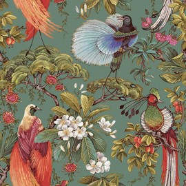 VEELIKE Oriental Bird Wallpaper Peel and Stick Vintage Green Floral Wallpaper for Bedroom Bathroom 17.7''x118'' Removable Chinoiserie Wall Paper Self Adhesive Green Contact Paper for Cabinets Drawers