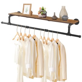 YheenLf Industrial Pipe Clothing Rack with Top Shelf, Space Saver Display Hanging Clothes Rack, Wall Mounted Iron Clothes Rack, Extension at Both Ends, 51.2 * 10.2 * 5.9 In, Black