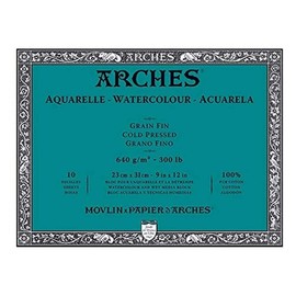 Arches Aquarelle - Pad 10 Sheets 23 x 31 cm, Glued, 4 Pages - 640 g/m² - Satin Grain, Natural White, 4 Francs