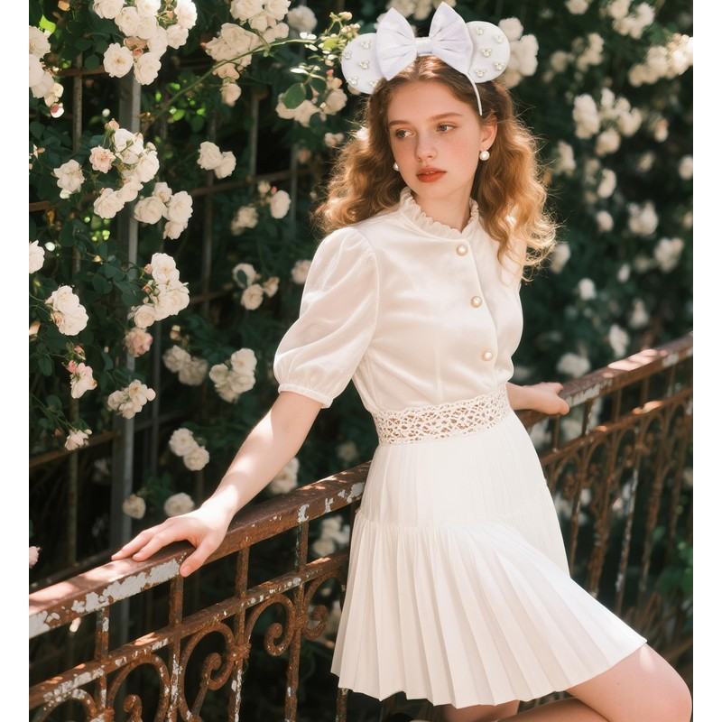 Bianbaistar White Velvet Mouse Ear Headband with Pearl Accents -