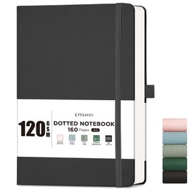 EMSHOI A5 Notebook Dotted Journal - 120gsm Thick Paper, Hardcover Leather Dot Grid Notebook for Women Men Bullet Journaling with 160 Pages, Journal Stencils, Inner Pocket, 21 x 14.5 cm, Black