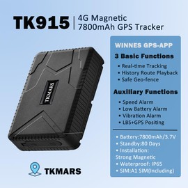TKMARS 4G GPS Tracker 7800mAh Long Standby Magnetic Car GPS Tracker for Cavaran Truck Motorbike, Global Realtime Tracking+ Notification no Subscription GPS Tracker, SIM Included with Free APP TK915