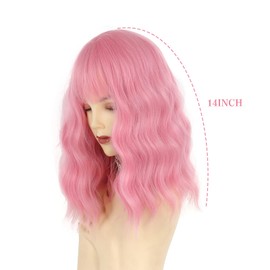 MAILARA Natural Wavy Short Bob Curly Wig With Bangs Synthetic Heat Resistant Fashion Hairstyles For Women 14 inch, Pink