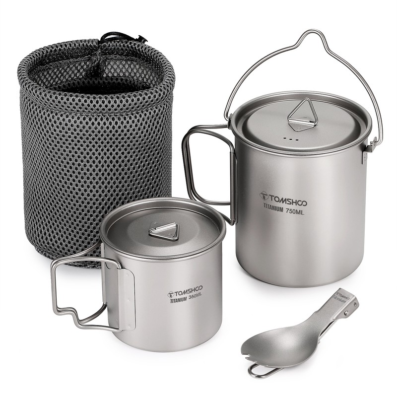 TOMSHOO Lightweight Titanium 3 Pieces Set Titanium 750ml Pot 350ml