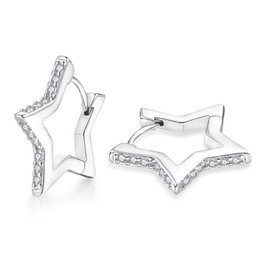 Loutade Silver Hoop Earrings for Women, Sterling Silver Star Hoop Earrings, Hypoallergenic Small Sleeper Huggie Silver Star-Shape Hoop Earrings, CZ Simple Cartilage Silver Star Earrings for Girls