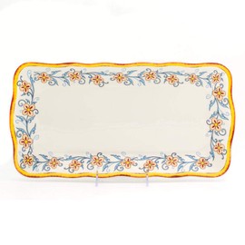 Euro Ceramica Duomo Collection Italian-Inspired 16.8" Rectuangular Ceramic Serving Tray with Organic Edges, Floral Design, Multicolor