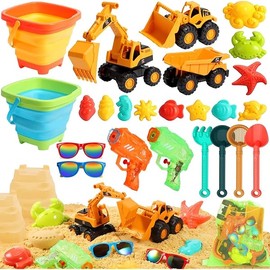Beach Toys for Kids, Sandbox Toys with 2 Collapsible Sand Bucket,3 Construction Truck,2 Sunglasses,Ocean Molds,Mini Play Water,Beach Shovel,2 Mesh Bag Sand Travel Beach Essentials for Toddler 3-10