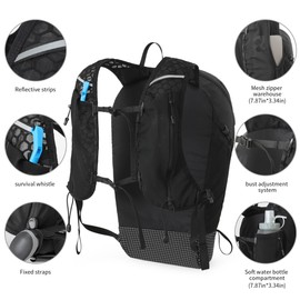IX INOXTO Foldable Hydration Backpack with Two 500ML Flasks, 16L Lightweight Hiking Daypack, Waterproof Hydration Packs for Men and Women, Outdoor Hiking Travel and Running(Black)
