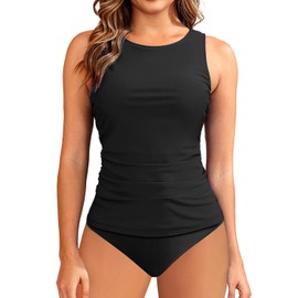 Aqua Eve Women's High Neck Tankini Swimsuits - Two Piece Tummy Control Bathing Suits Modest Swimwear 2025 Black XL