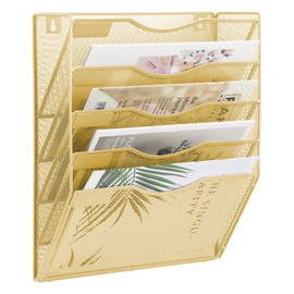 EASEPRES 5 Pocket Mesh Hanging Wall File Organizer, Wall Mounted Mail Paper Document Folder Holder, Clipboard Storage Organization Magazine Rack with Nametag Label for Office Home School, Gold