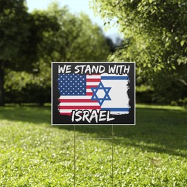 Stand with Israel, Support Israel, Isreal Flag and USA Flag, v6 24x24" Square Yard Sign (Outdoor, Weatherproof Corrugated Plastic) Metal Stake Included, by Moonlight4225