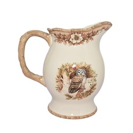 Generic Beautiful Owl in Birch Tree with Holly Leaves, Berries and Dogwood Flowers Water/Juice Serving Pitcher Woodland Collection, Off-White