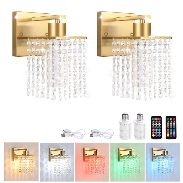 Shenmoyl Crystal Battery Operated Wall Sconce Set of 2, Rechargeable