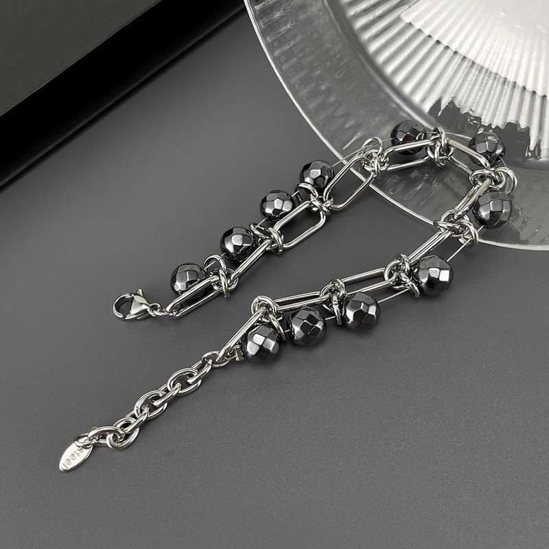 Women's Hematite Power Stone Bracelet, Black Beads, Stainless Steel Chain,
